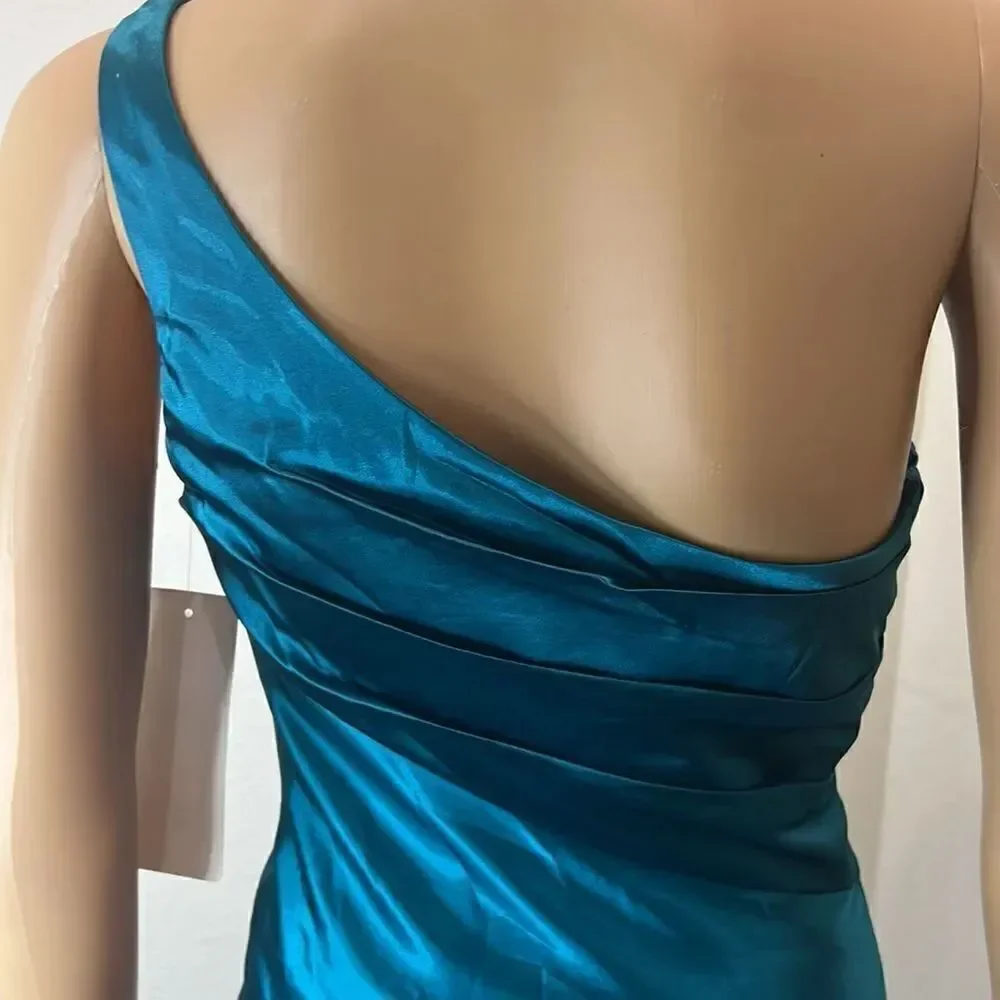 Cinderella Divine Dress XS One Shoulder Teal Green Diamond Floral Ruched Waist
